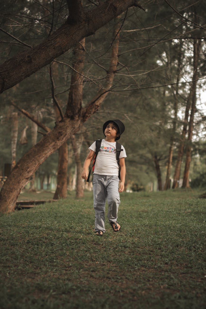boy walking under the trees in a park