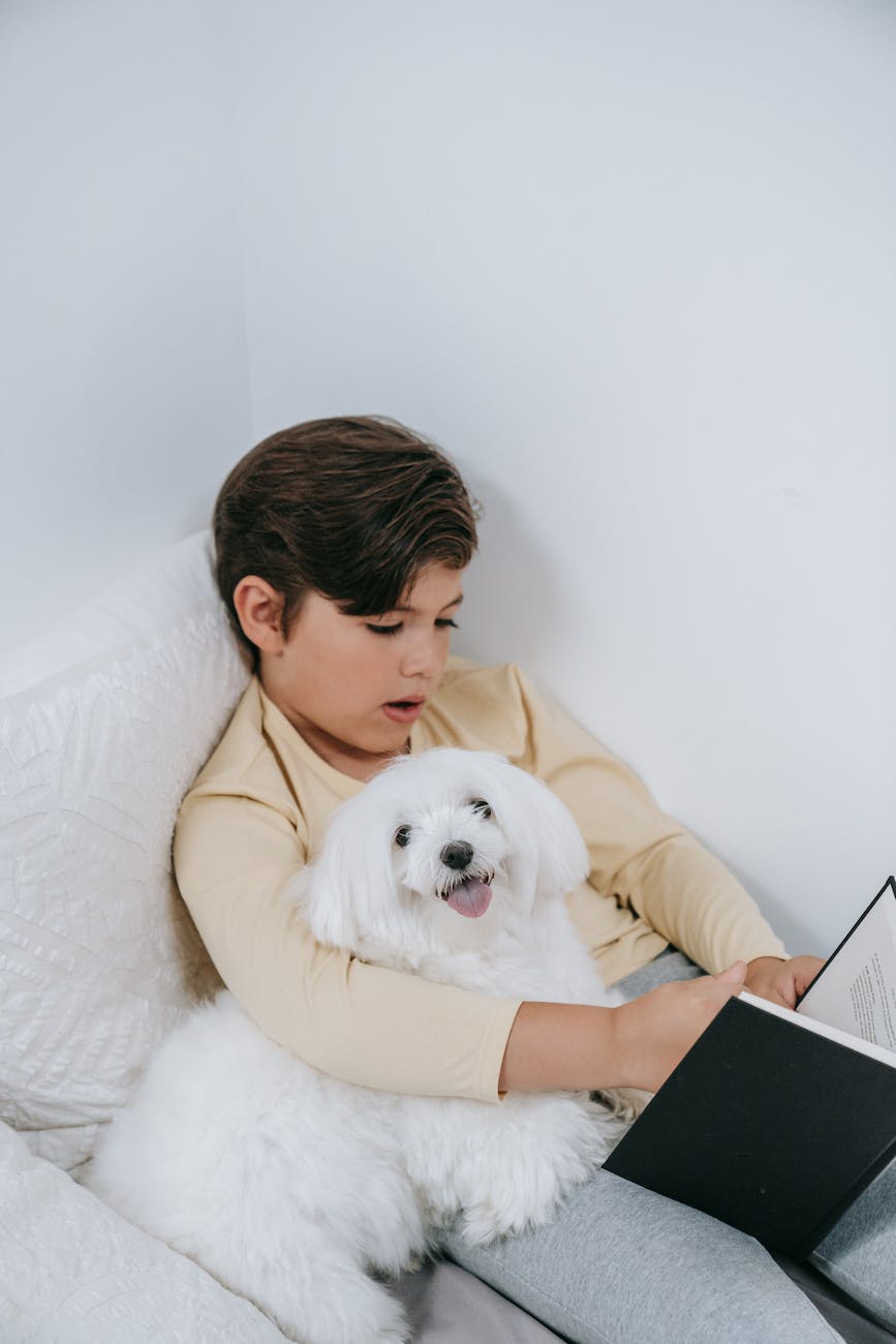 photo of a kid reading a book with his dog