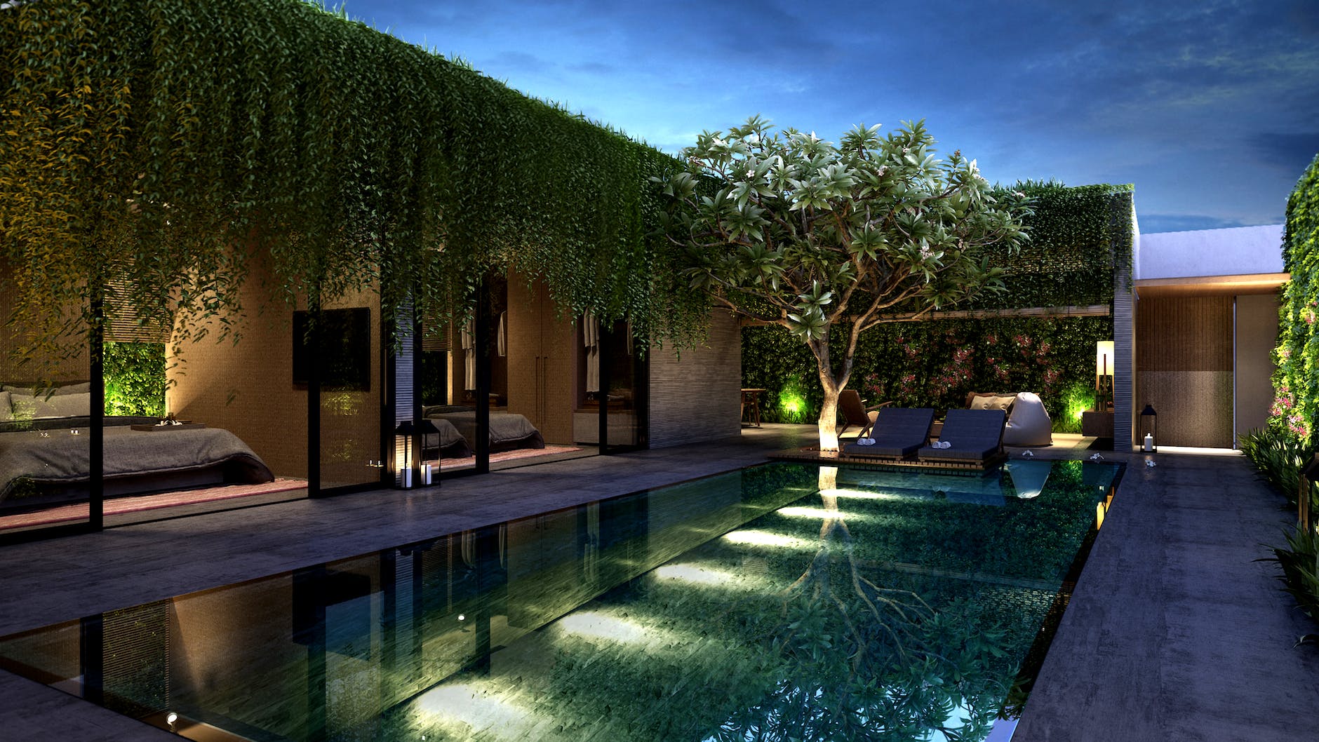 concrete building with pool outside and green leaf tree under blue sky